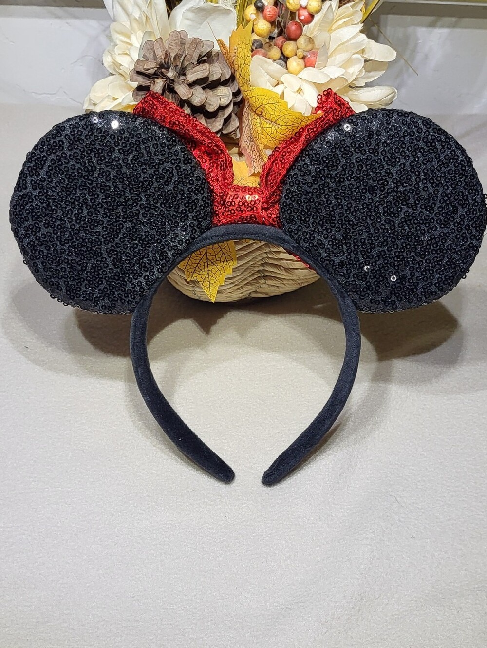 Disney Inspired NWOT Black Sequin Minnie Mouse Ears with Red Bow - Headband - Picture 4 of 4